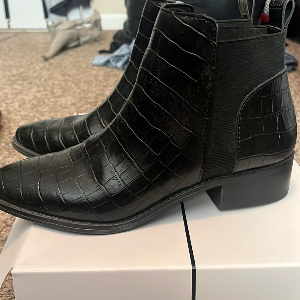 Croc print black slip on ankle boots